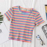 Nueva camiseta para mujer, camisetas de rayas arcoíris, camiseta ajustada, camiseta Harajuku, camiseta coreana de manga corta de verano, ropa femenina, tops